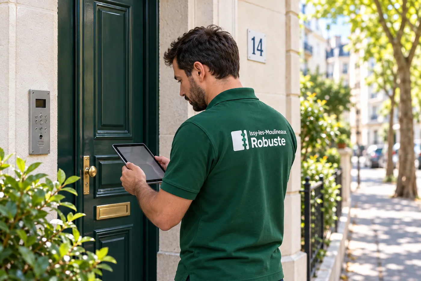 Serrurier d'Issy-les-Moulineaux Robuste en polo émeraude, diagnostic sur tablette devant la porte d'entrée d'un immeuble à Issy-les-Moulineaux