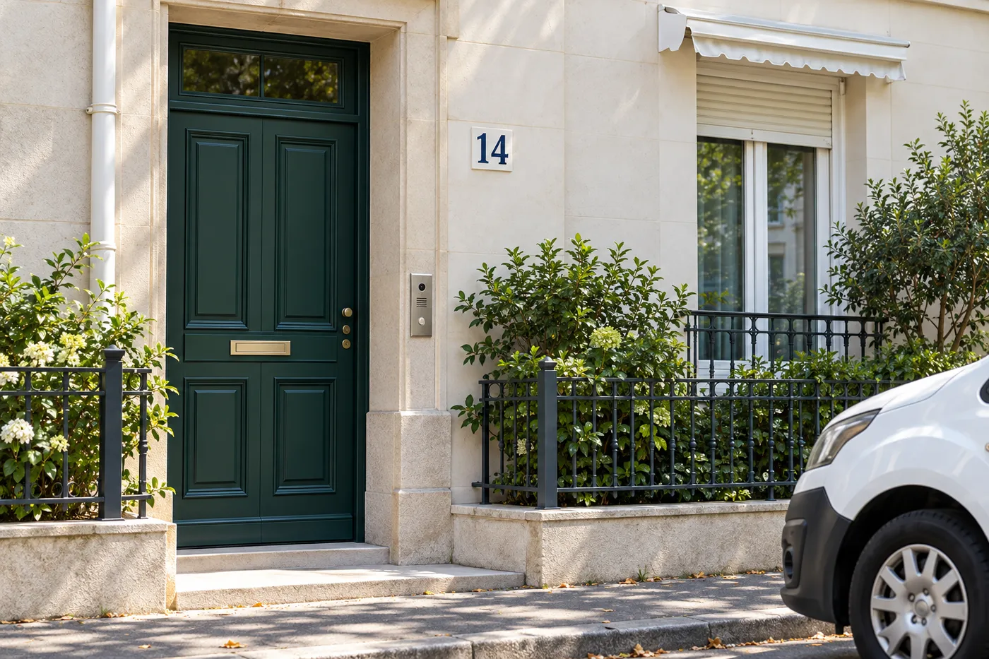 Porte d'entrée d'immeuble vert foncé refermée après intervention, rue résidentielle d'Issy-les-Moulineaux